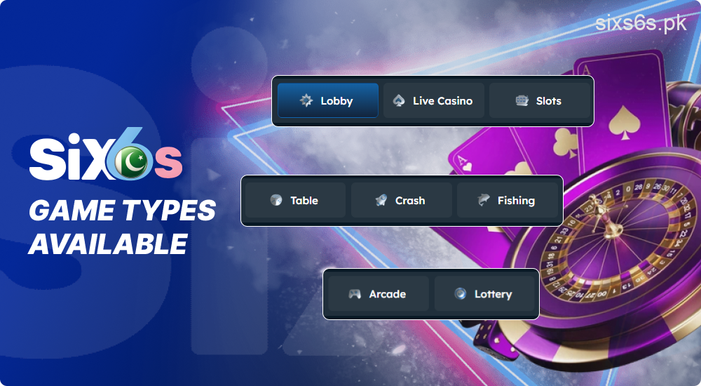 Different casino game categories on Six6s